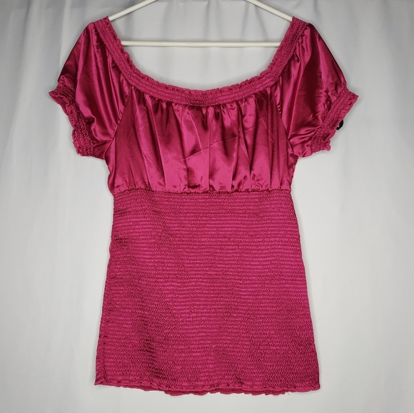 Guess Y2K Vtg Smocked Empire Top Medium Pink Satin Puffed Short Sleeve Button - Picture 2 of 9